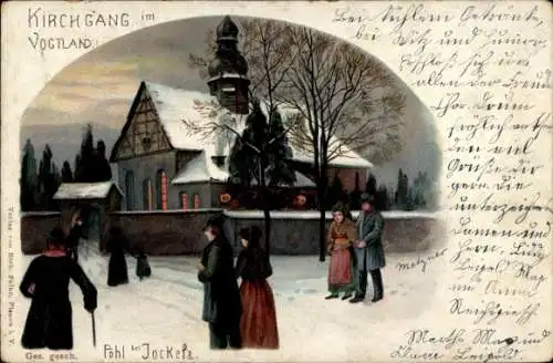 Künstler Litho Metzner, Pöhl Vogtland, Kirchgang im Winter, Kirche, Tracht