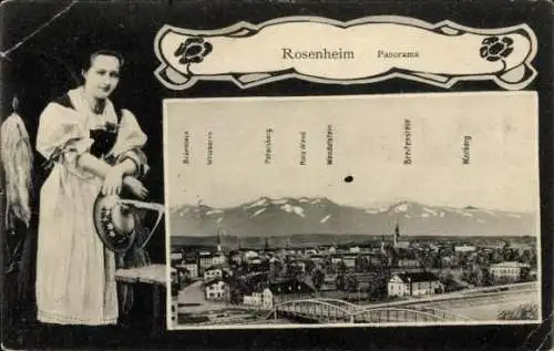 Passepartout Ak Rosenheim Oberbayern, Panorama, Frau in Tracht