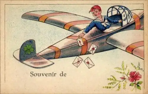 Künstler AK, Junge wirft Briefe aus Flugzeug, Kleeblatt