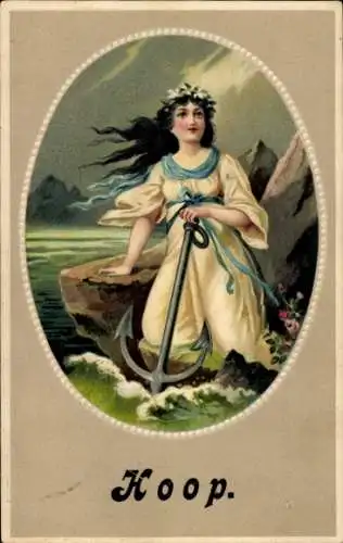 Präge Ak Allegorie, Hoffnung, Mädchen mit Anker