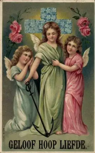 Präge Ak Allegorie, Glaube, Hoffnung, Liebe, Engel