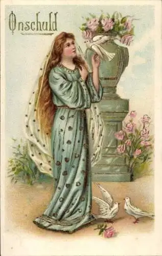 Ak Allegorie, Unschuld, Junge Frau, Tauben, Blumen
