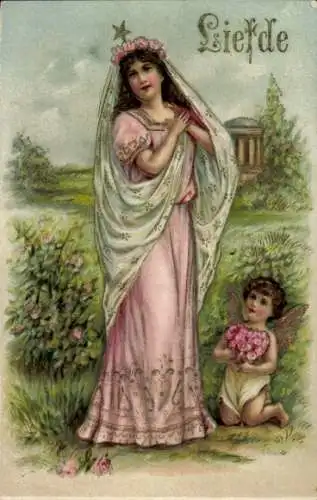 Präge Ak Allegorie, Liebe, Junge Frau, Liebesengel, Blumen