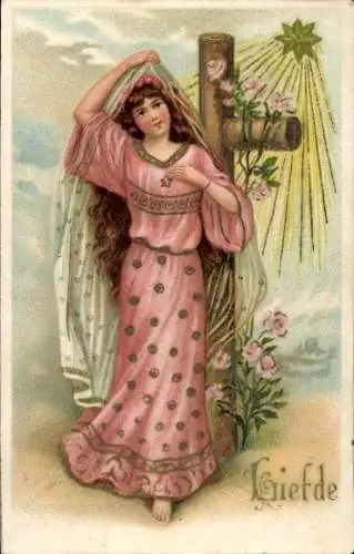 Präge Ak Allegorie, Liebe, Junge Frau, Kreuz, Stern