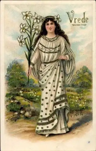 Präge Ak Allegorie, Frieden, Frau in weißem Kleid, Blumen