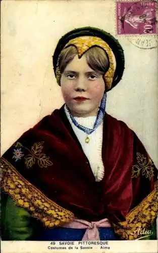 Ak Aime Savoie, Eine junge Frau in Savoyer Tracht mit einer Haube auf dem Kopf.