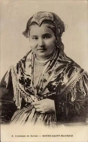 Ak Costumes de Savoie, Frau in französischer Tracht, Bourg-Saint-Maurice