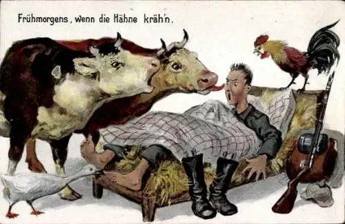 Ak Frühmorgens, wenn die Hähne krähen, Soldat wurde geweckt
