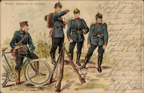Litho Preußische Infanterie im Gelände, Kaiserzeit