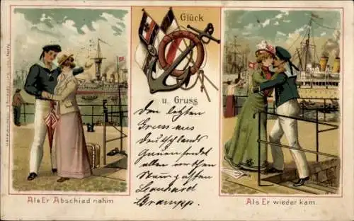 Litho Soldatenliebe, Marinesoldat mit Frau, Fahnen