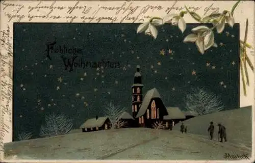 Künstler Litho Mailick, Glückwunsch Weihnachten, Menschen auf dem Weg zur Kirche