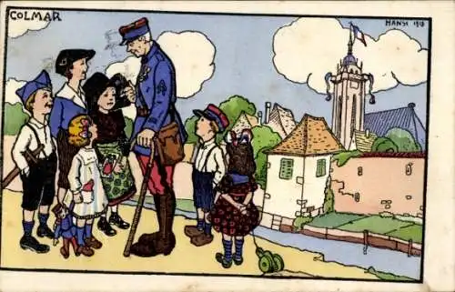 Künstler Ak Hansi, Colmar Kolmar Elsass Haut Rhin, französischer Soldat, Kinder