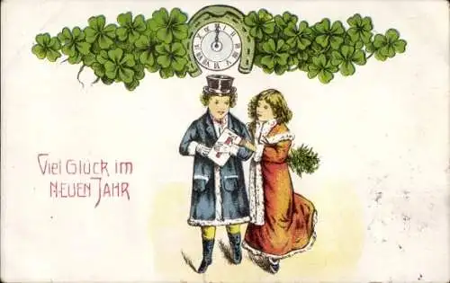 Litho Glückwunsch Neujahr, Kleeblatt, Uhr