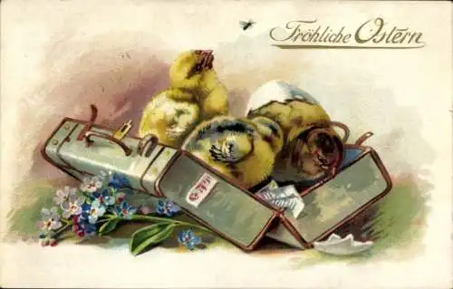 Ak Frohe Ostern, Küken in einem Koffer, Vergissmeinnicht.