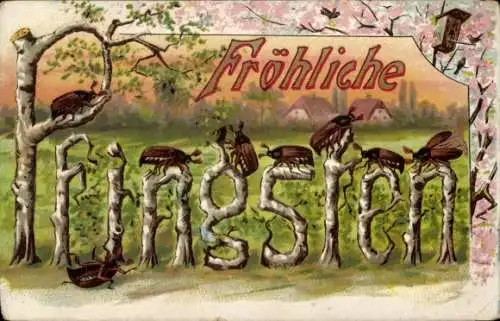 Ak Fröhliche Pfingsten, Buchstaben aus Birken, Maikäfer