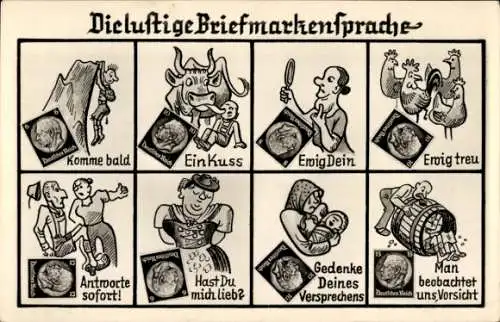 Ak Luftige Briefmarkensprache, komme bald, Kuss, ewig dein, Humor