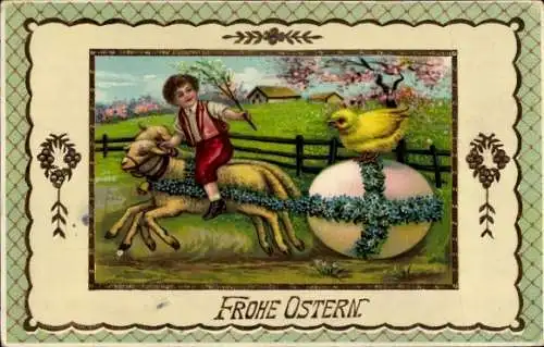 Ak Frohe Ostern, Junge reitet auf Lämmern, Osterei, Küken