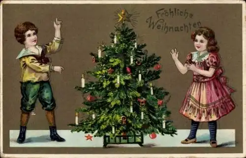 Ak Frohe Weihnachten, Tannenbaum, Kinder