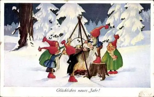 Ak Glückwunsch Neujahr, Zwerge, Lagerfeuer