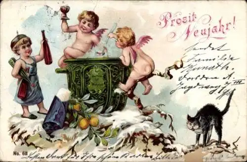 Ak Fröhliches Neujahr, Engel mit Punschschüssel, schwarze Katze