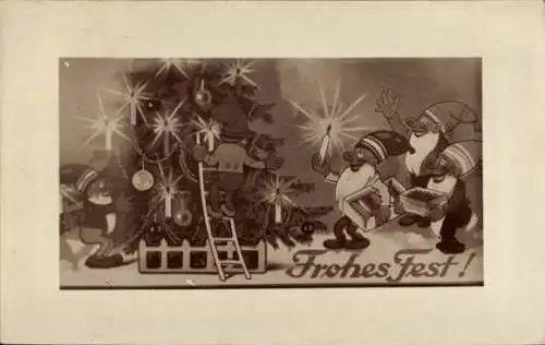 Ak Frohe Weihnachten, Tannenbaum, Zwerge