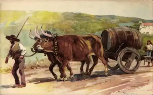 Künstler Ak Portugal, Carro de bois transportando vinho