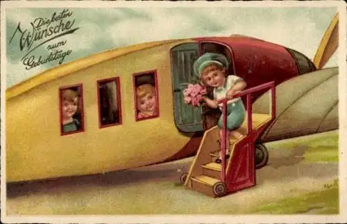 Ak Glückwunsch Geburtstag, Blumen, Kinder, Flugzeug
