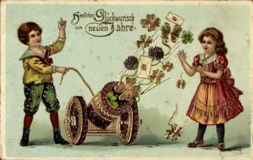 Präge Ak Fröhliches Neujahr, Kinder feuern Kanone, Kleeblätter, Briefe