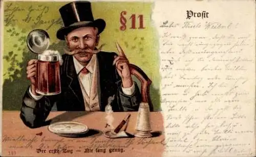 Litho Prosit, Der erste Zug, nie lang genug, Mann mit Bierkrug