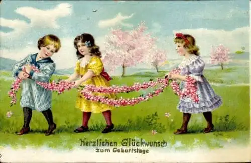 Litho Glückwunsch Geburtstag, Blumengirlande, Kinder