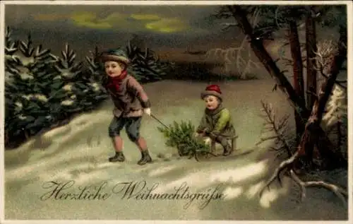 Ak Frohe Weihnachten, Zwei Jungen mit Schlitten und Tannenbaum