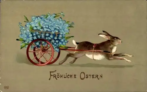 Ak Frohe Ostern, Osterhase zieht einen Wagen mit Vergissmeinnicht