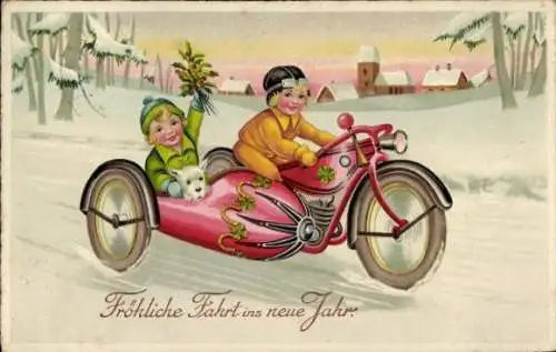 Ak Glückwunsch Neujahr, Motorrad, Kinder