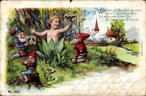 Litho Zwerge, Baby, Neugeborene, Vögel, Vogelkäfig, Kitsch