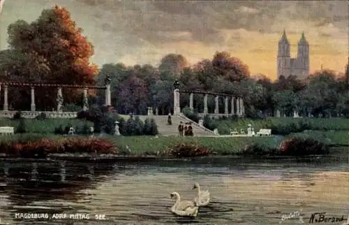 Künstler Ak Beraud, N., Magdeburg an der Elbe, Adolf Mittag See, Parkpartie, Dom, Tuck 769