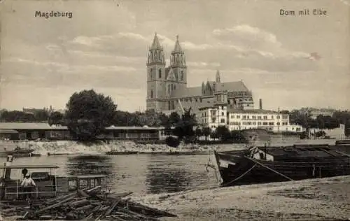 Ak Magdeburg in Sachsen Anhalt, Blick auf den Dom mit Elbe, Schiffe