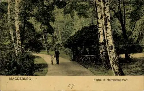 Ak Magdeburg in Sachsen Anhalt, Herrenkrug-Park, Mann mit Kind