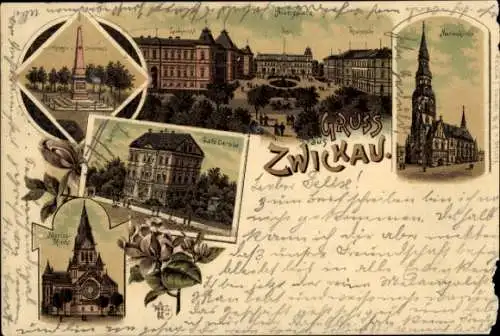 Litho Zwickau in Sachsen, Albertplatz, Kriegerdenkmal, Marienkirche, Café Carola