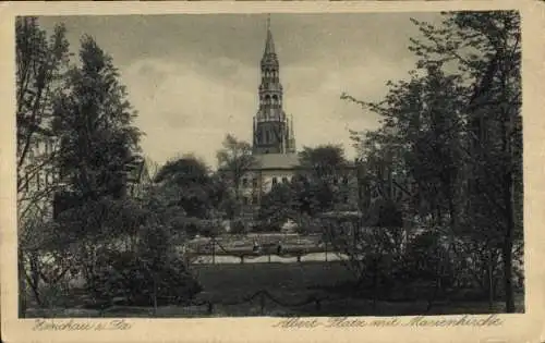 Ak Zwickau in Sachsen, Blick auf den Albert-Platz mit Marienkirche in Zwickau