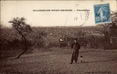 Ak Villeneuve Saint Georges Val de Marne, Panorama, Mann mit Hund