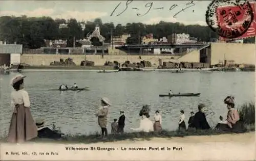 Ak Villeneuve Saint Georges Val de Marne, Le Nouveau Pont et le Port