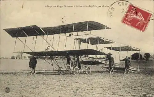 CPA Aéroplane Roger Sommer à hélice démultipliée par chaine, Flugzeug