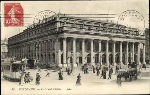 Ak Bordeaux Gironde, Le Grand Théâtre,  Architektur, Straßenbahn, Menschenmenge