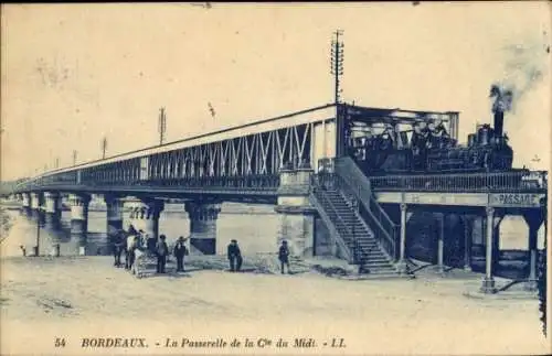 Ak Bordeaux Gironde, Brücke, Dampflok, Passerelle de la Cie du Midi, Menschen, Pferde