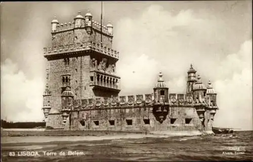 Ak Belém Lisboa Lissabon Portugal, Torre de Belem, r Turm, Wasser nahe dem Gebäude, Himmel mit Wo