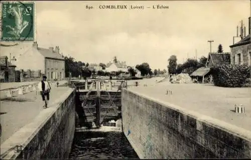 Ak Combleux Loiret, Blick auf eine Schleuse, Kanal, Häuser, Vegetation, mehrfarbige Karte