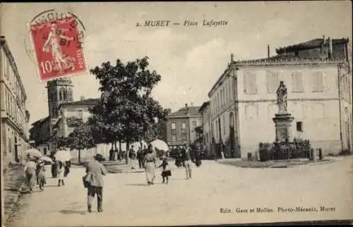 Ak Muret Haute Garonne, Platz Lafayette, Statue, Bäume, Straßenansicht,  Frühes 20. Jahrhundert