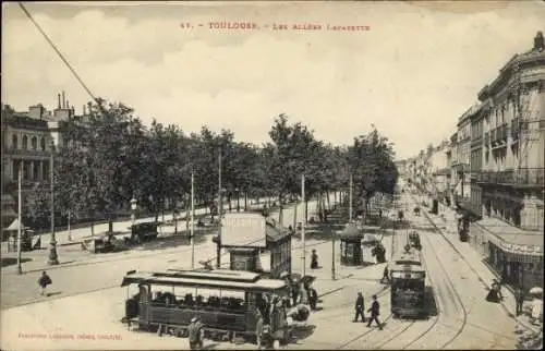 Ak Toulouse Haute Garonne, Vorderansicht von  Allées Lafayette, Straßenbahn, Bäume