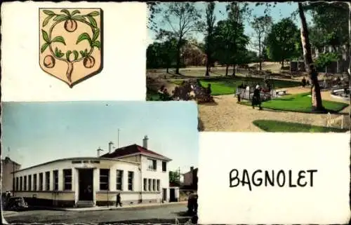 Ak Bagnolet Seine Saint Denis,  mit Park, Gebäude und Wappen, Stadtname  farbig