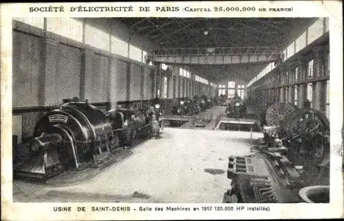 Ak Saint Denis Seine-Saint-Denis, Usine, Salle des Marchines en 1912 120.000 HP installes